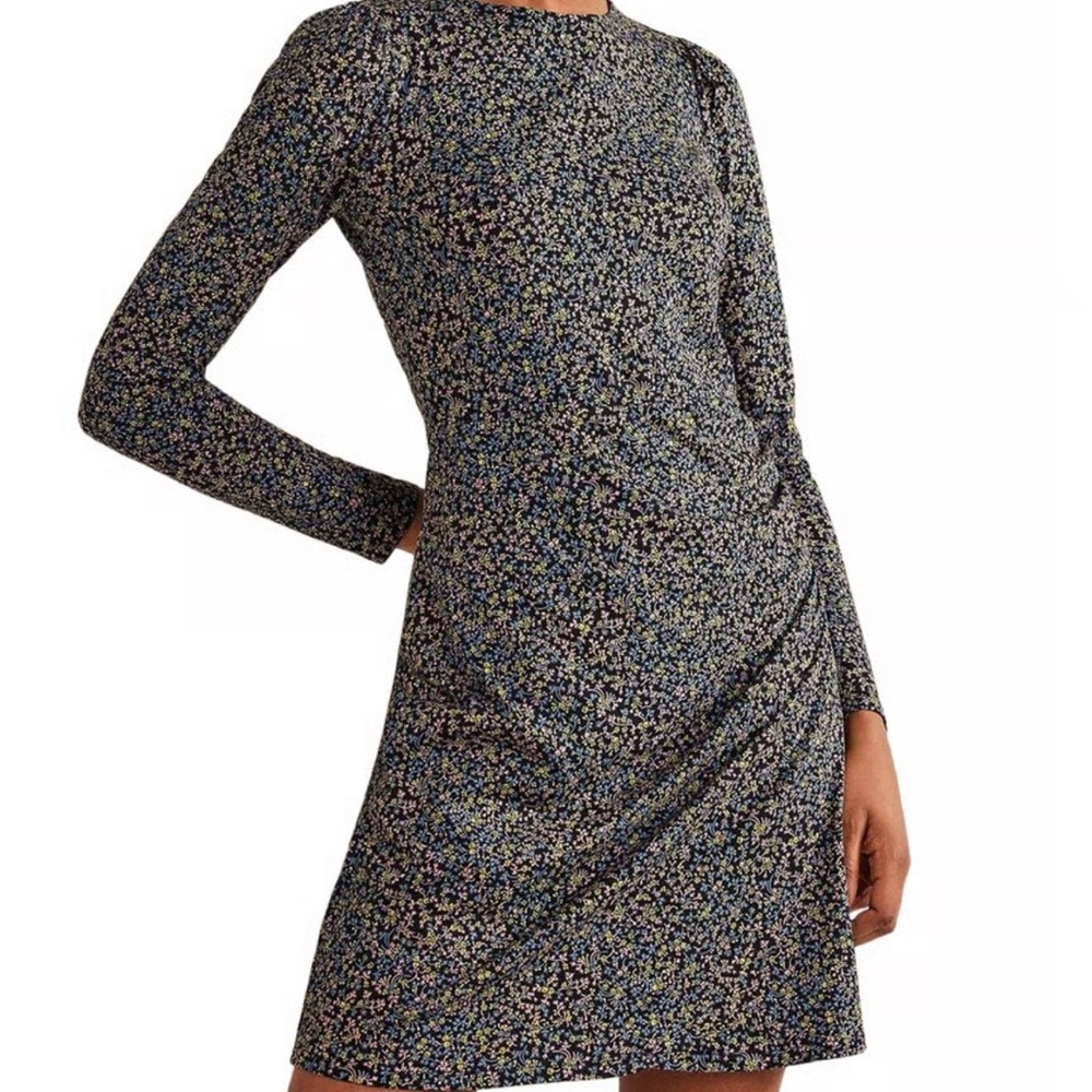 Boden Ruched Jersey Mini Dress Black Floral US 8 UK 12 Stretch